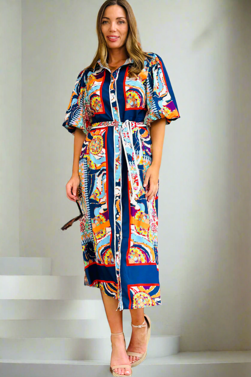 Jasmine Shirt Style Maxi Dress in Multicolour Print