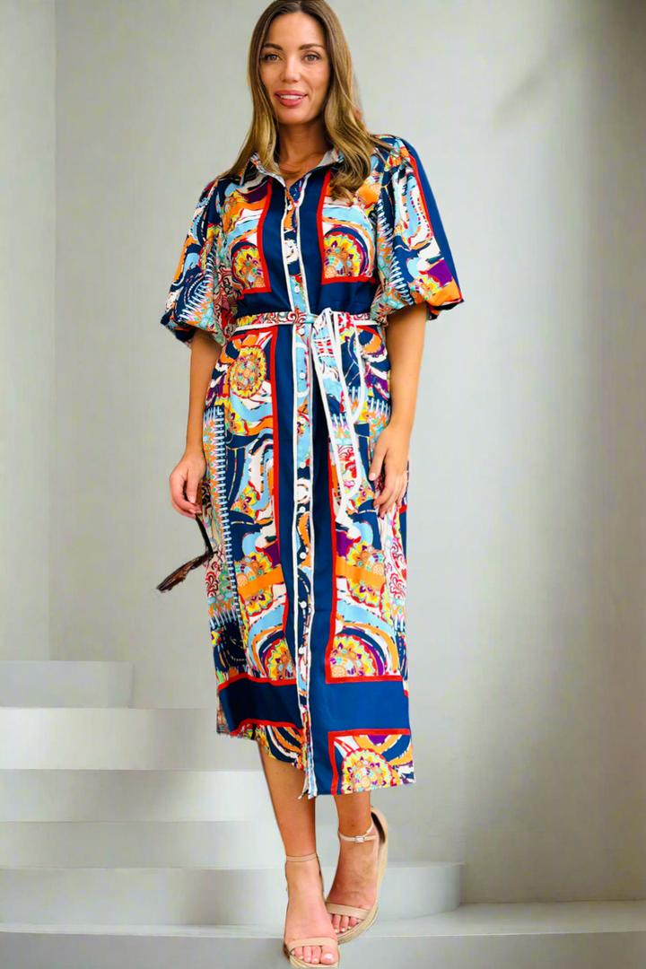 Jasmine Shirt Style Maxi Dress in Multicolour Print