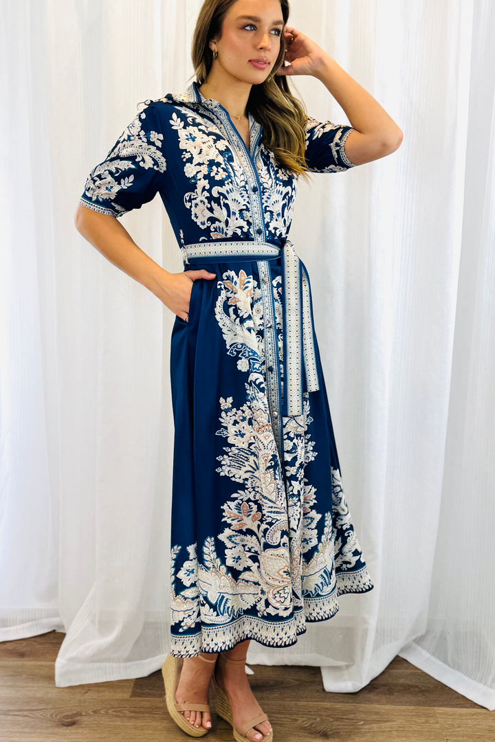 Lopez Embroidered Print Shirt Dress  In Navy