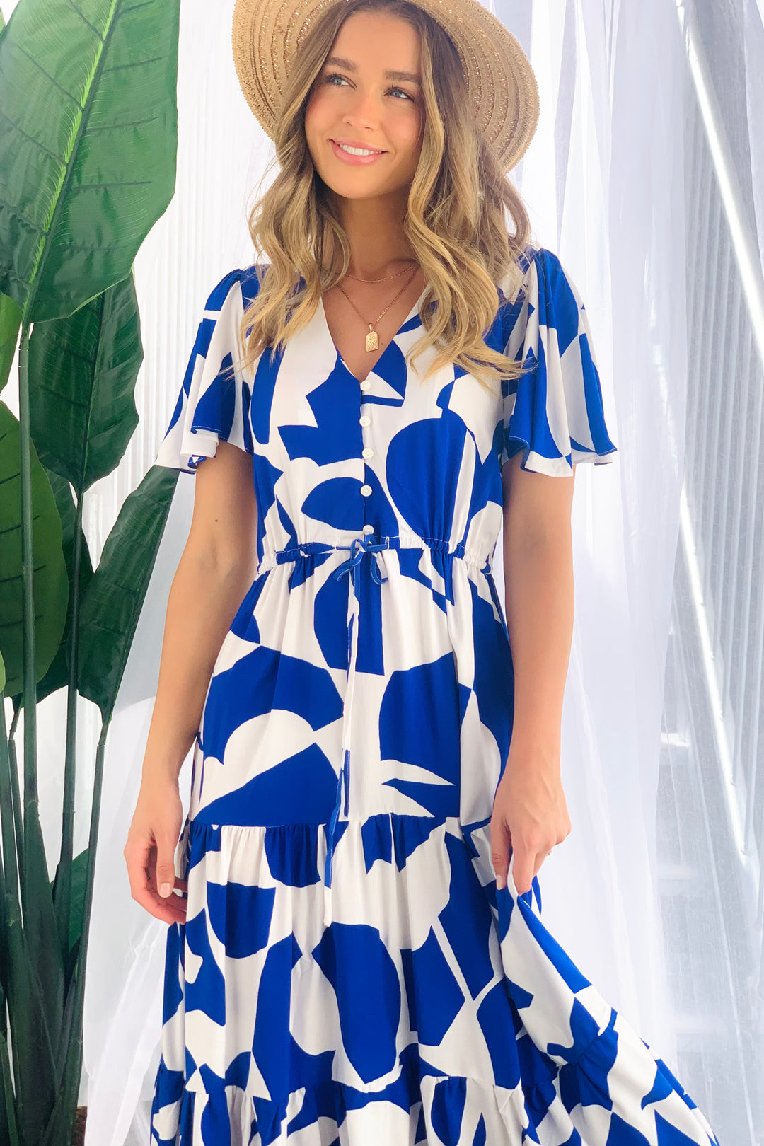 Santorini Midi Dress in Blue and White Print