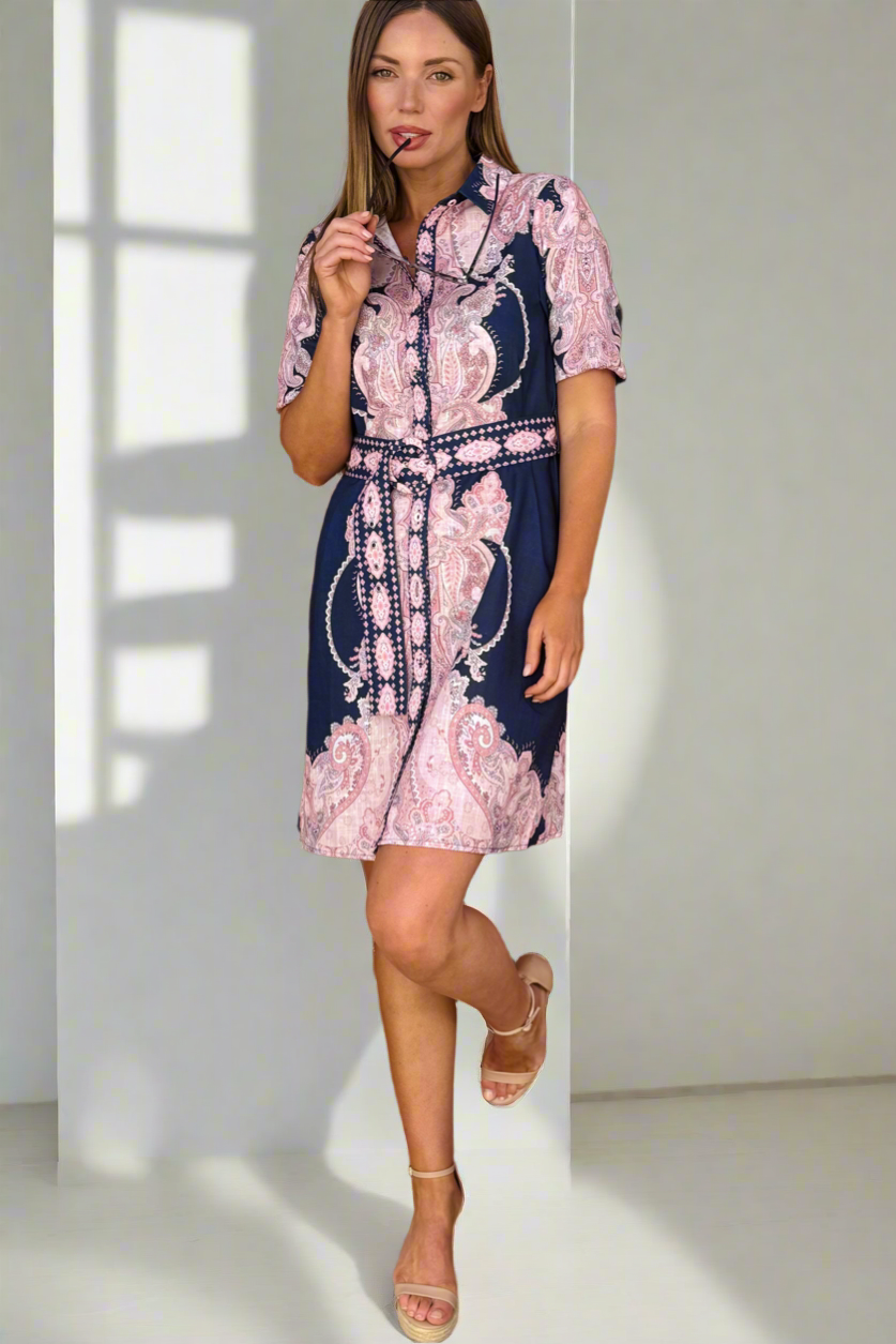 Greta Embroidered Print Shirt Dress in Navy and Pink