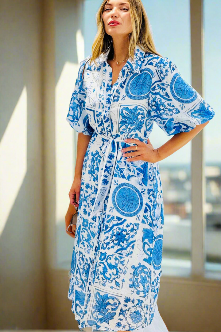Leah  Dress in Blue and White Print