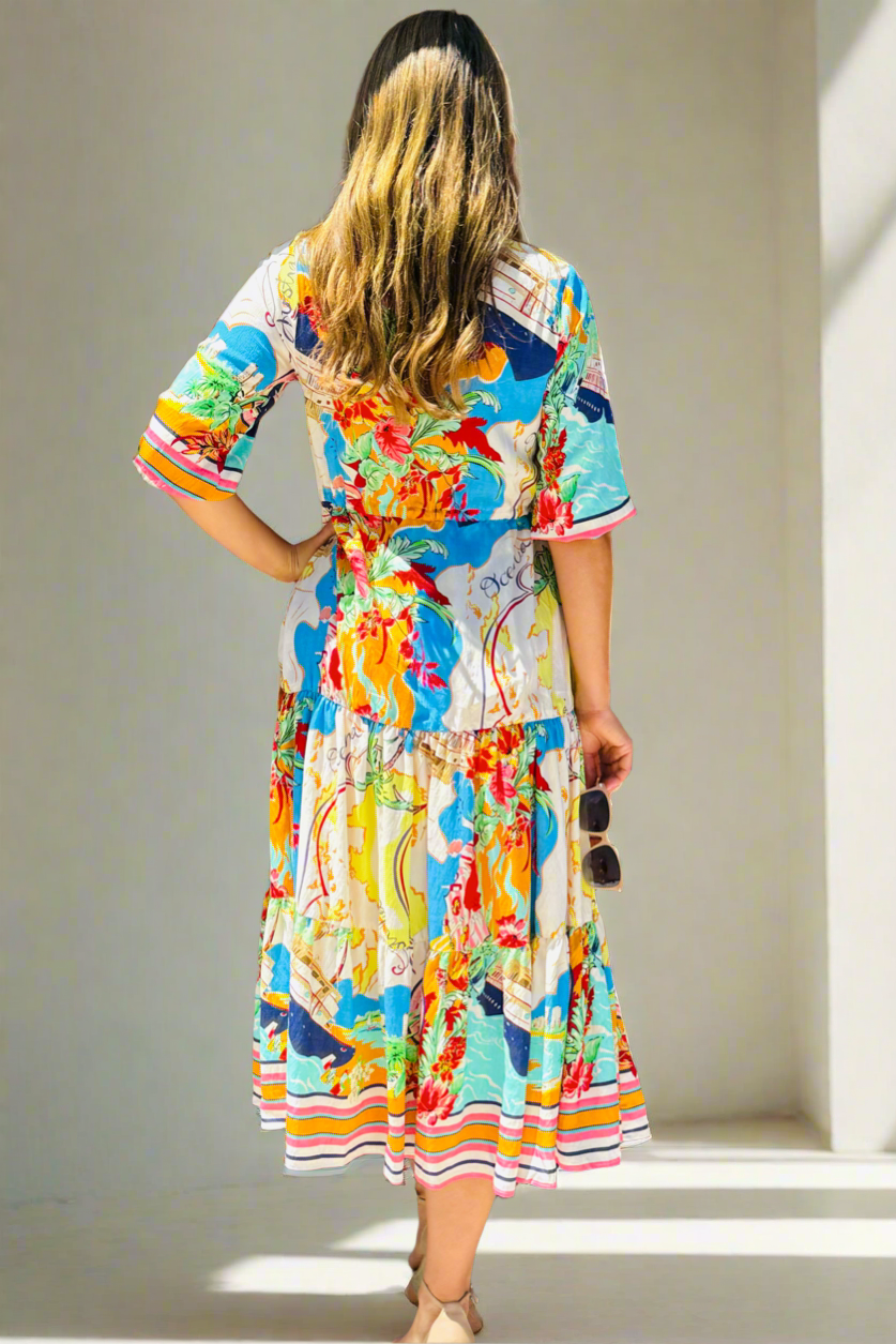 Sorrento Multi Print Drawstring Midi Dress