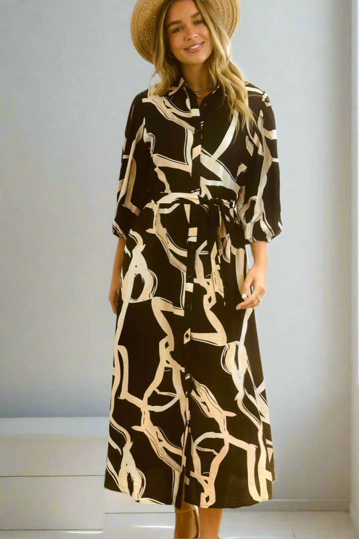 Marlow Midi Shirt Dress in Black and Cream Print