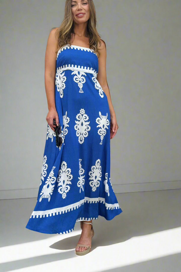 Positano Embroidery Print Maxi Dress in Blue