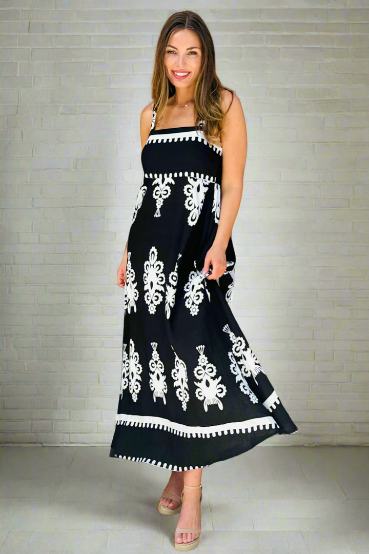 Positano Embroidered Print Maxi Dress in Black and white