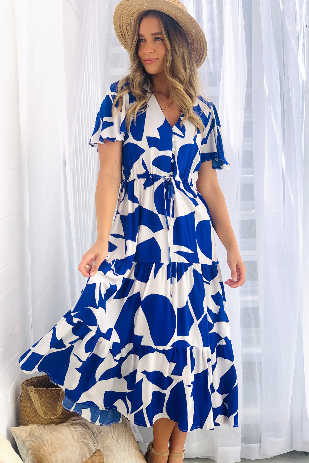 Santorini Midi Dress in Blue and White Print