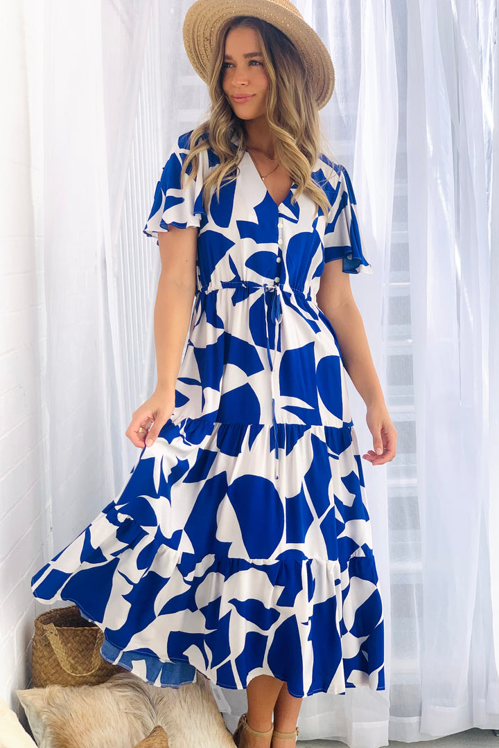 Santorini Midi Dress in Blue and White Print