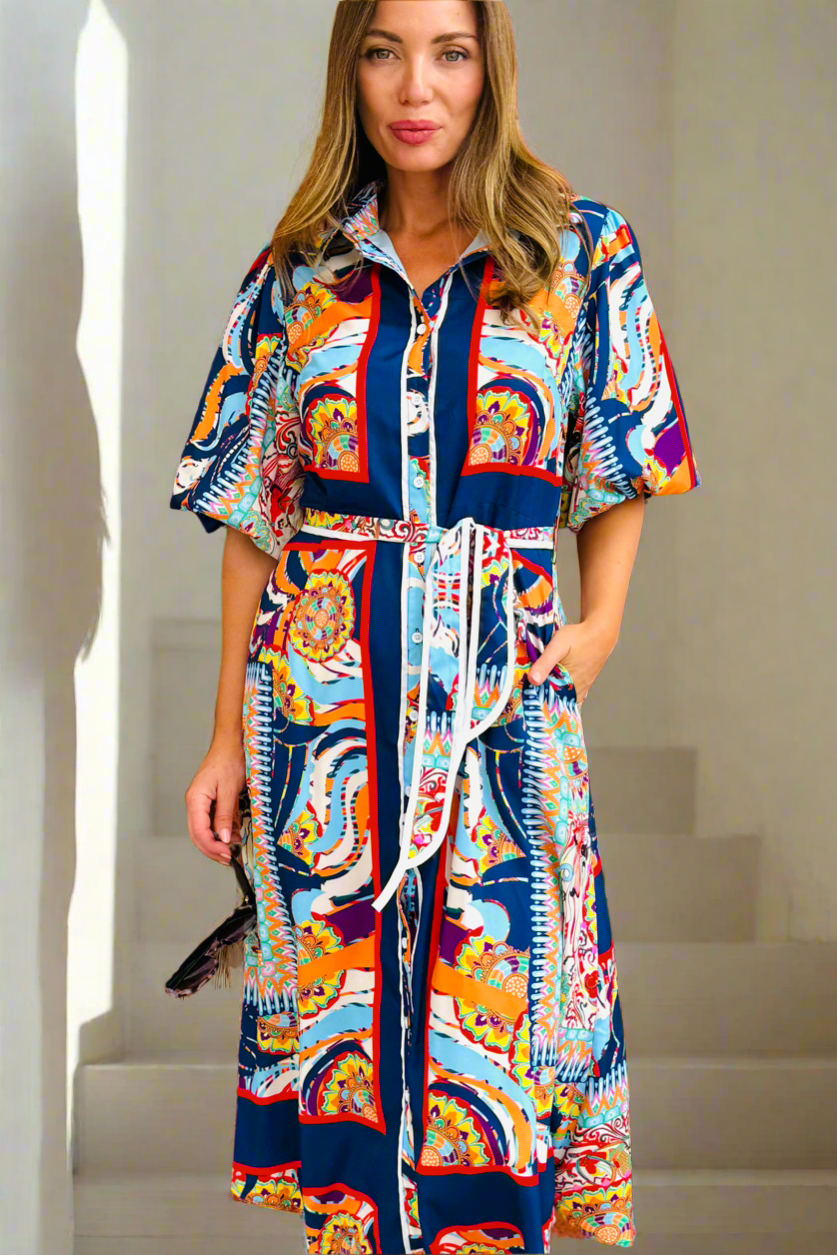 Jasmine Shirt Style Maxi Dress in Multicolour Print