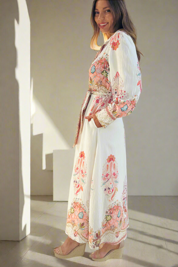 Gidget Embroidered Print Dress in Off White