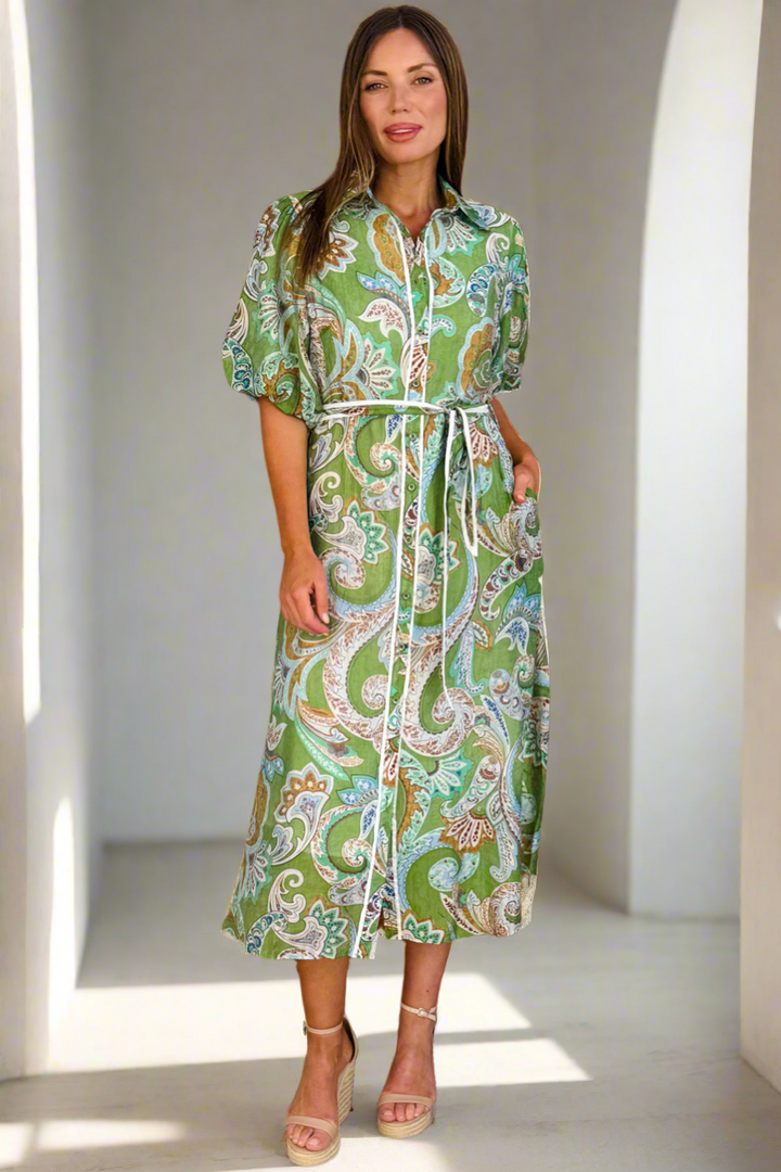 Leah Paisley Dress in Green Print