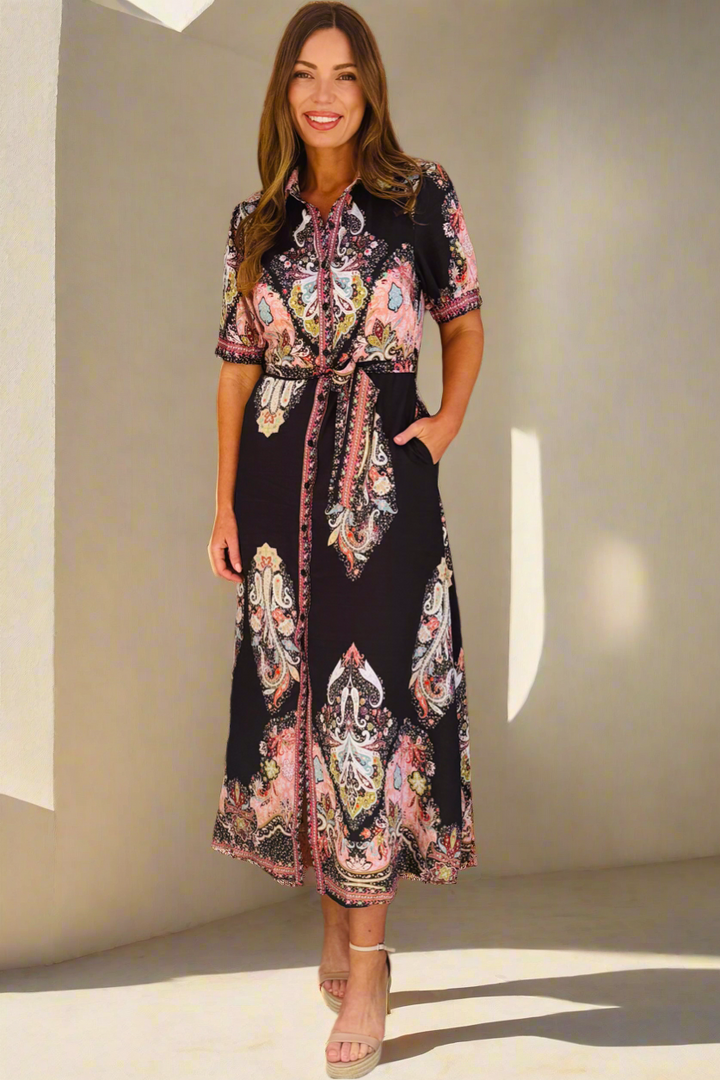 Gidget Embroidered Print Dress in Black