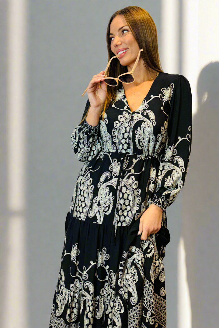 Davina Midi Dress in Black and White Print