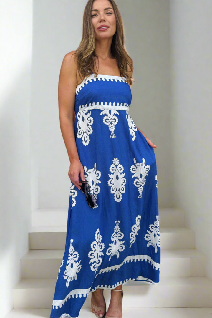 Positano Embroidery Print Maxi Dress in Blue