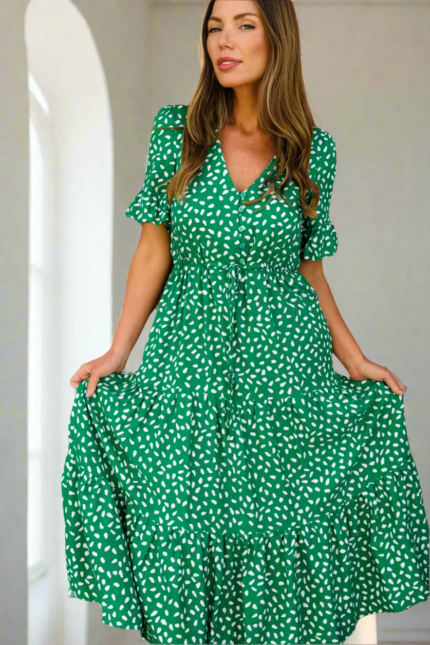 Jeannie Midi Dress  in Apple Green and White