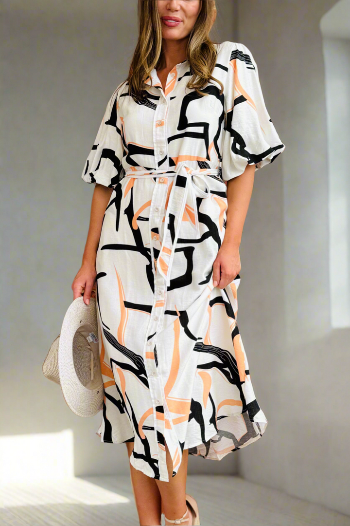 Leah Multi Print Dress in Off White