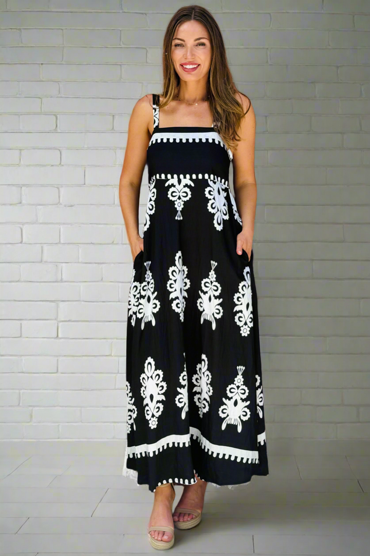 Positano Embroidered Print Maxi Dress in Black and white