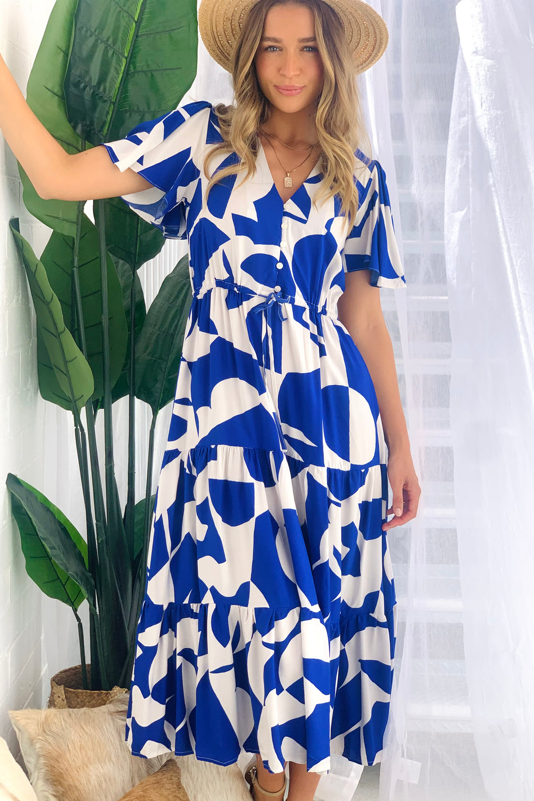 Santorini Midi Dress in Blue and White Print