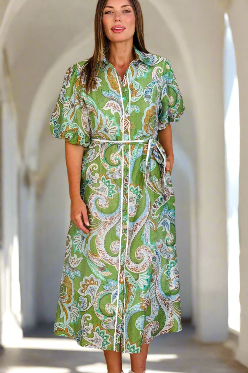 Leah Paisley Dress in Green Print