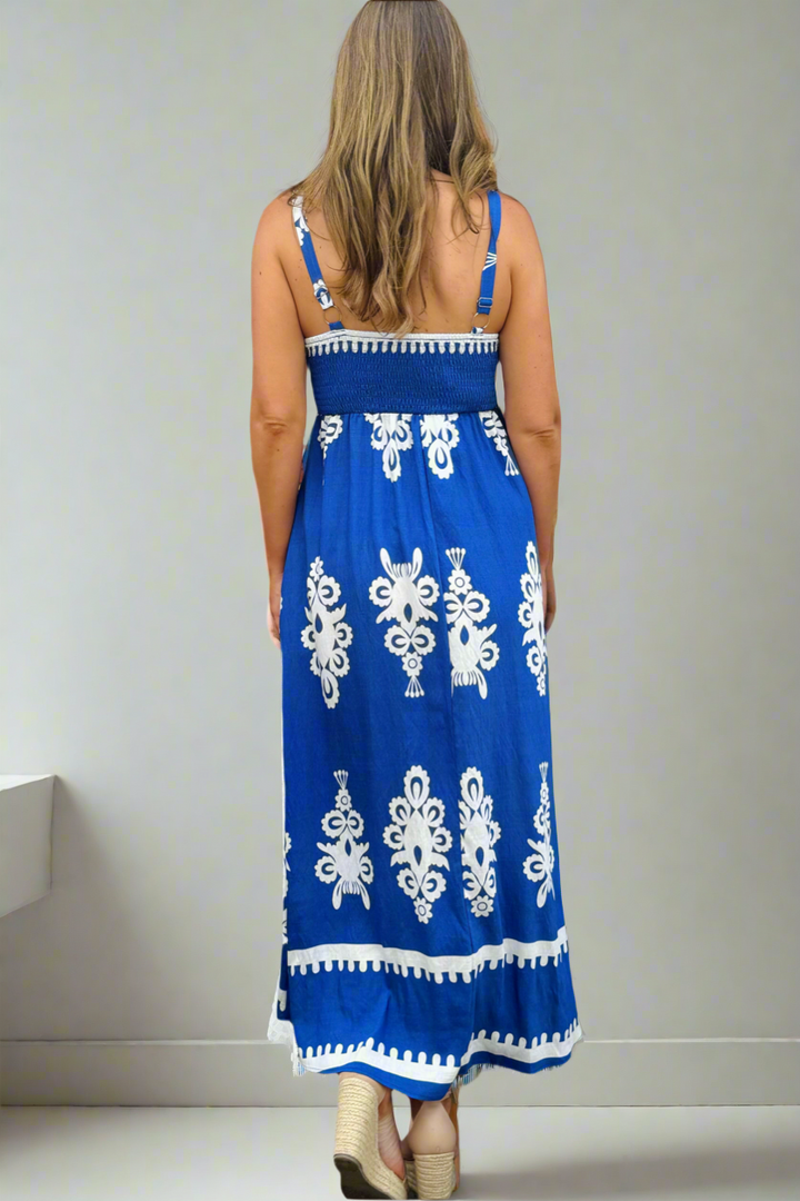 Positano Embroidery Print Maxi Dress in Blue
