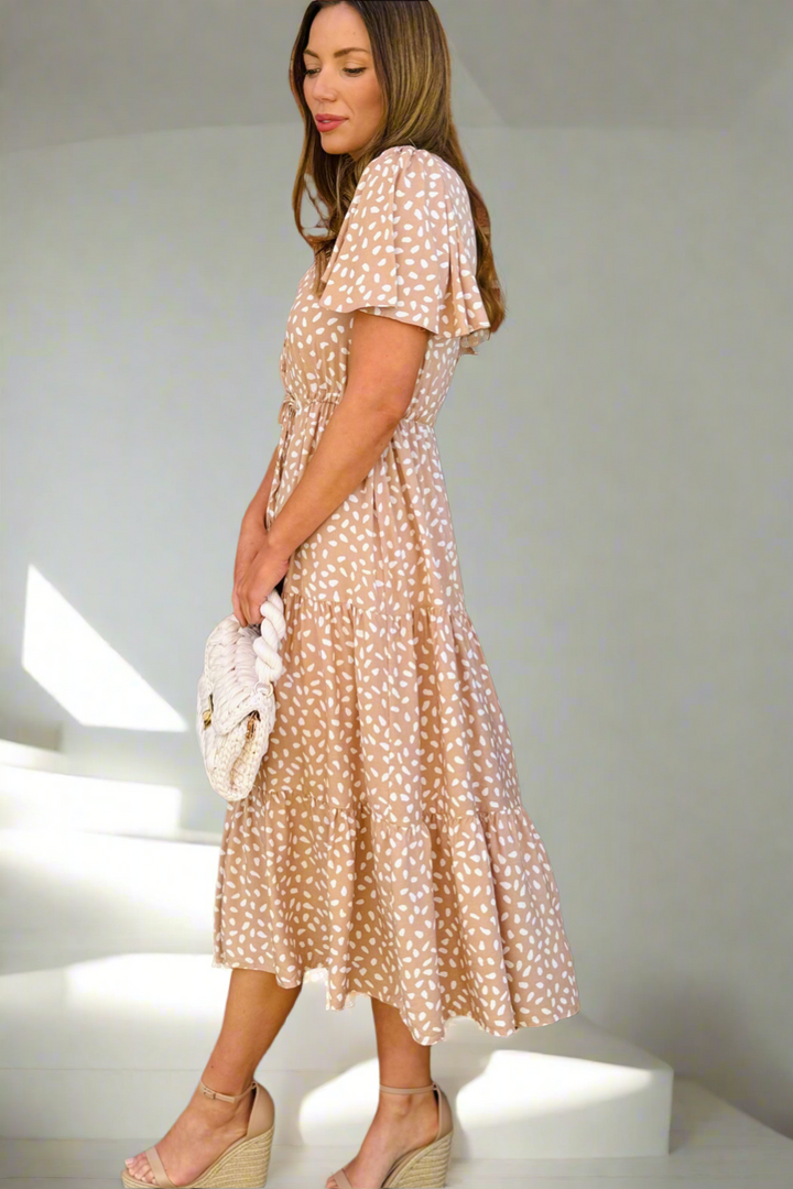 Eliza Midi Dress in Latte and White Spot