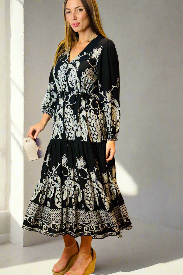 Davina Midi Dress in Black and White Print