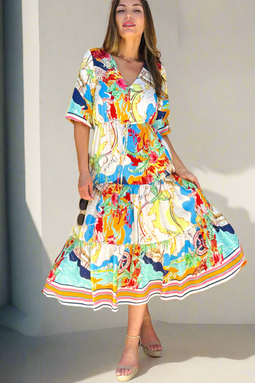 Sorrento Multi Print Drawstring Midi Dress