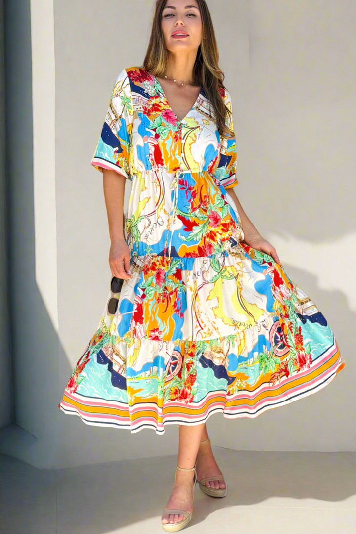 Sorrento Multi Print Drawstring Midi Dress