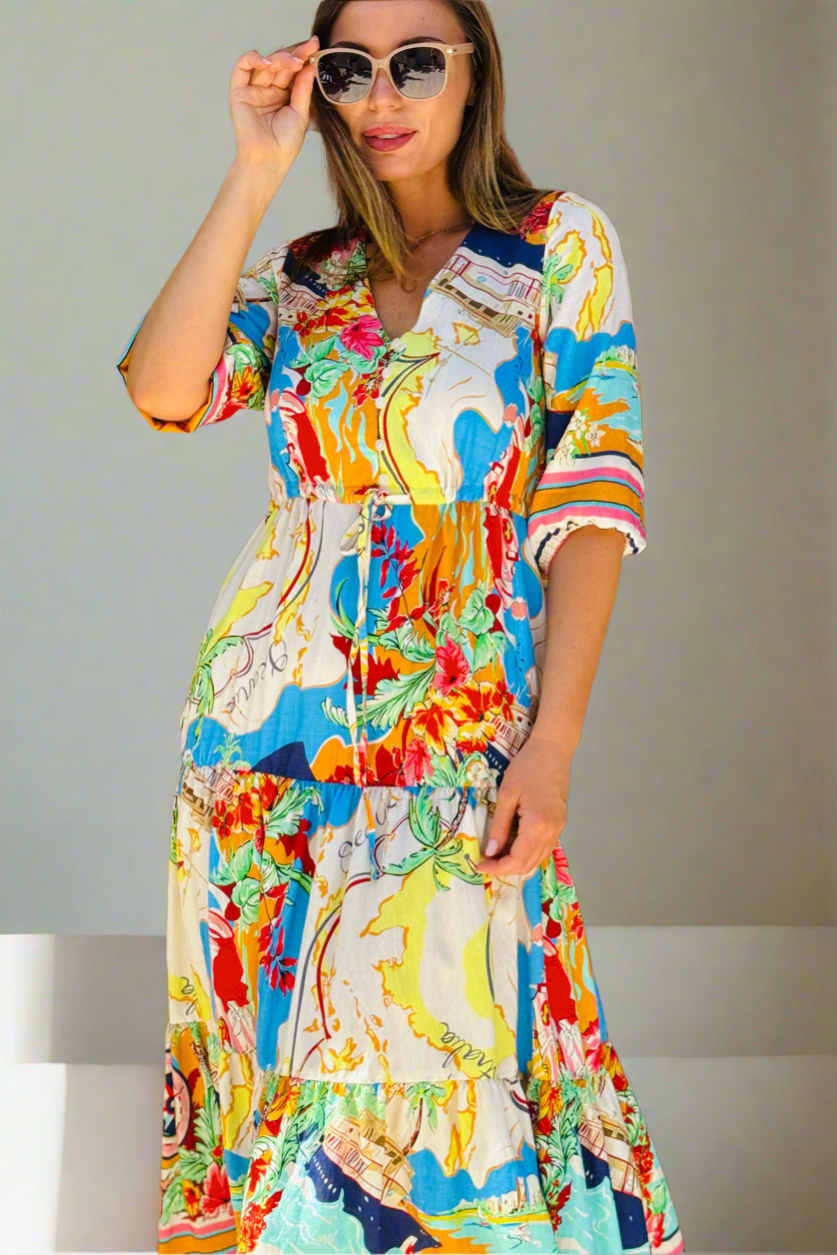 Sorrento Multi Print Drawstring Midi Dress