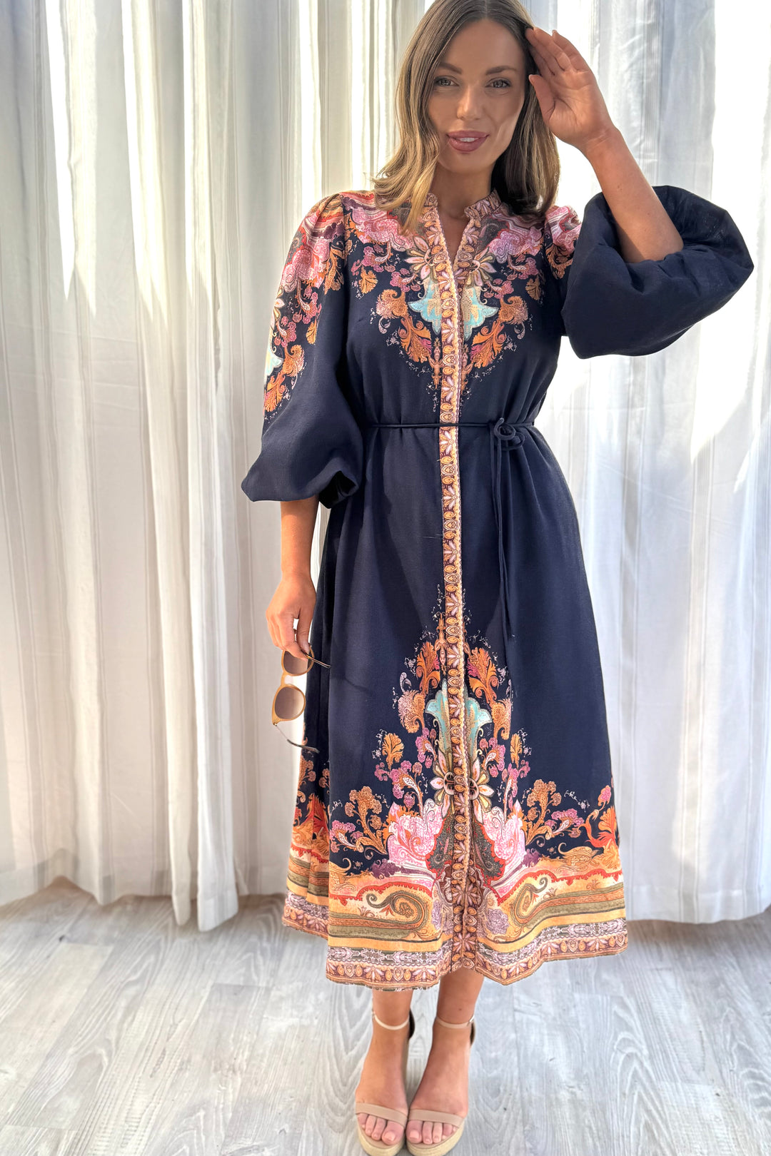 Alani Navy Embroidered Print Midi Dress