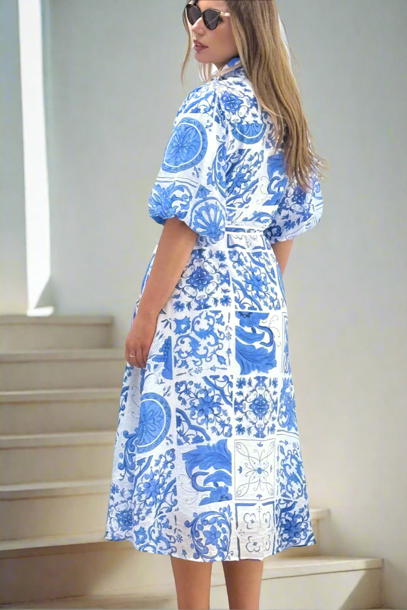Leah  Dress in Blue and White Print