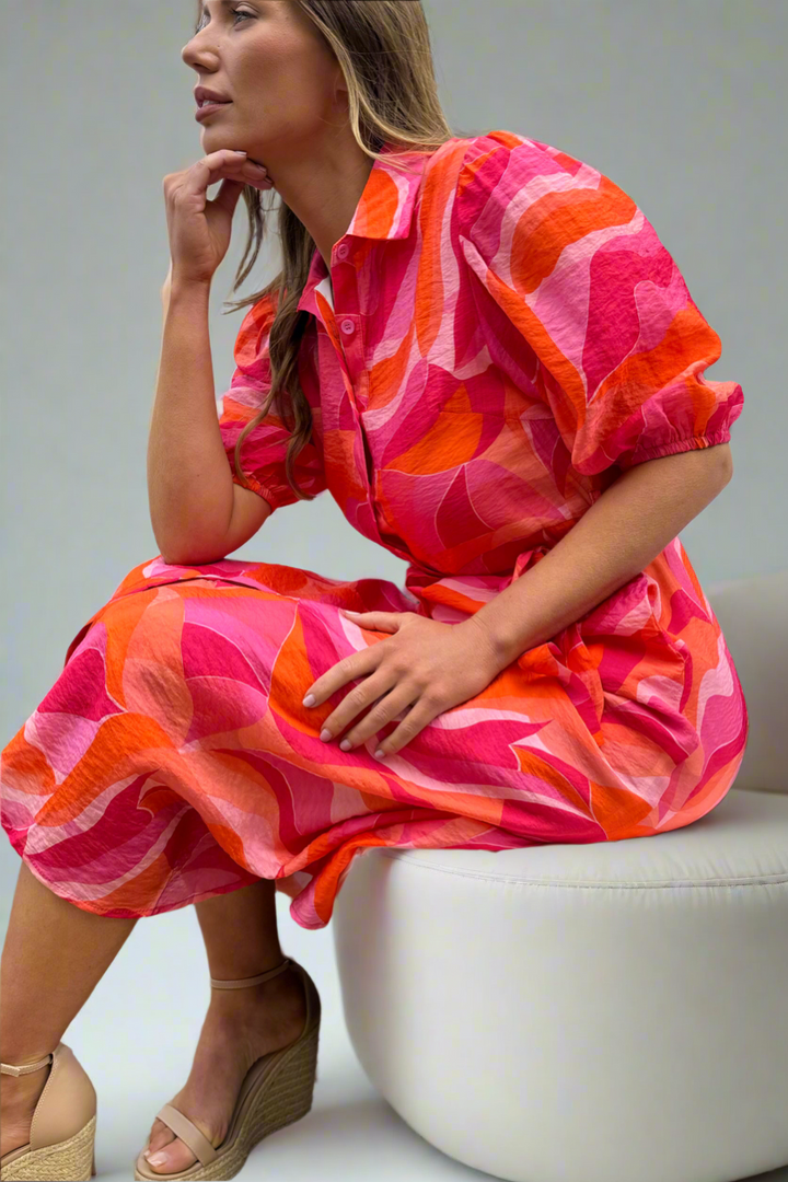 Fallon Shirt Dress In Pink and Orange Multi Print-Coming Soon