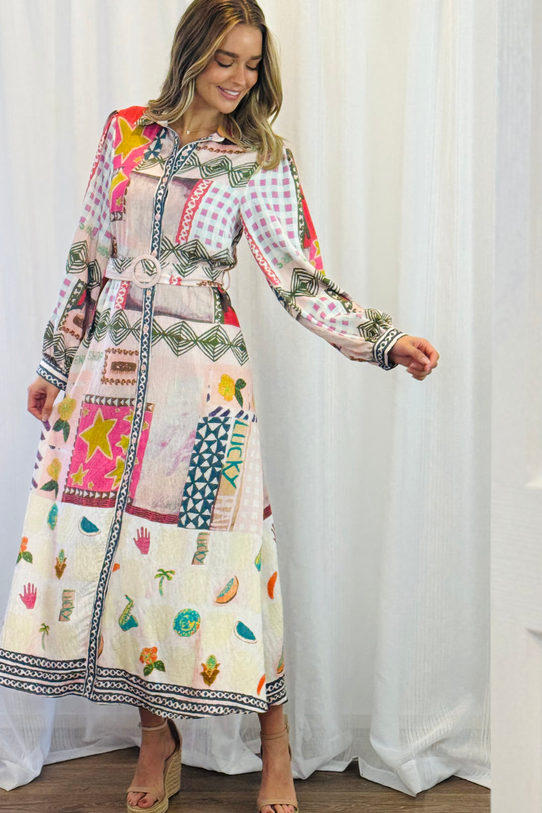 Penelope Multi Print Midi Shirt Dress