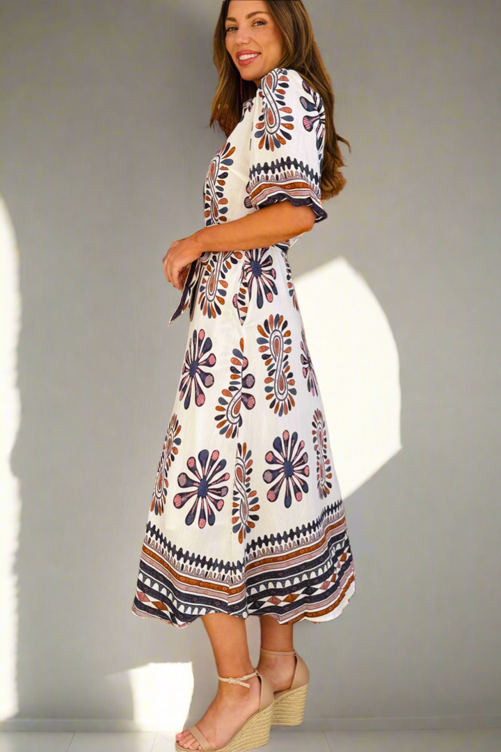 Campbell Midi Shirt Dress in Off White and Dark Navy Print