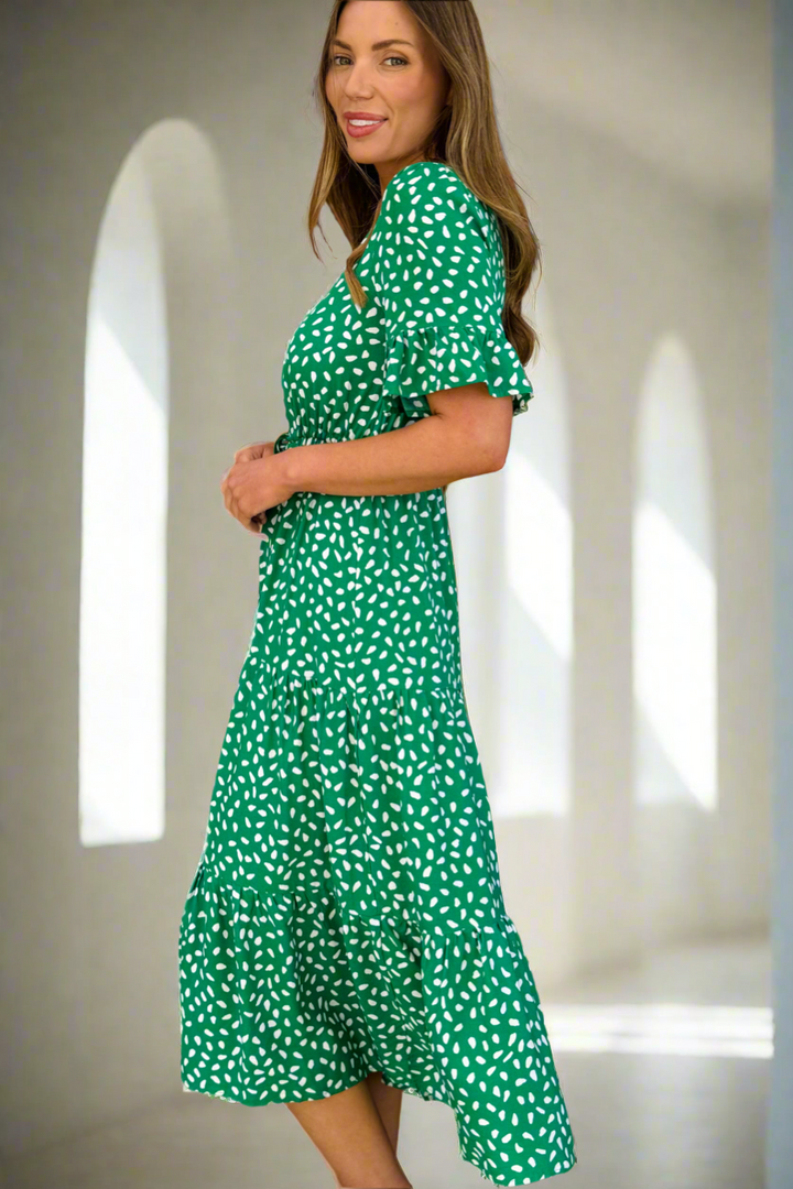 Jeannie Midi Dress  in Apple Green and White