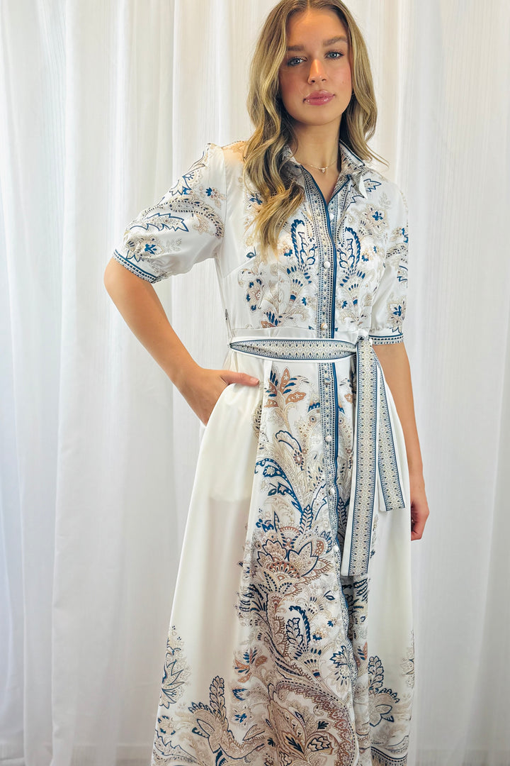 Lopez Embroidered Print Dress  in White