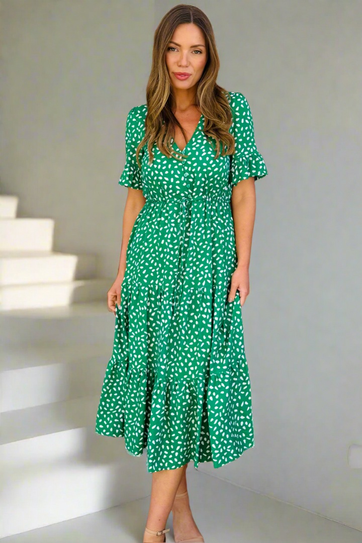 Jeannie Midi Dress  in Apple Green and White
