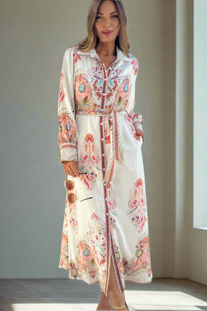 Gidget Embroidered Print Dress in Off White