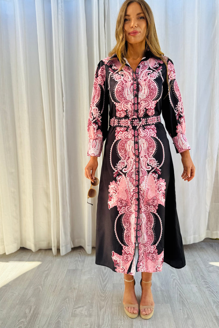 Eden Shirt Dress in Dark Navy With Pink Embroidered Print