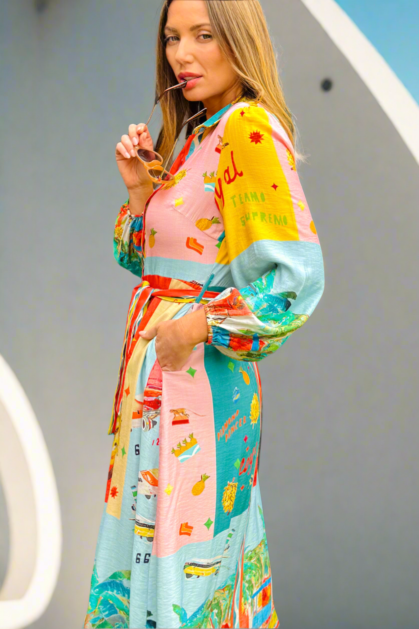 Marcella 3/4 sleeve in Multi Colour Print Dress