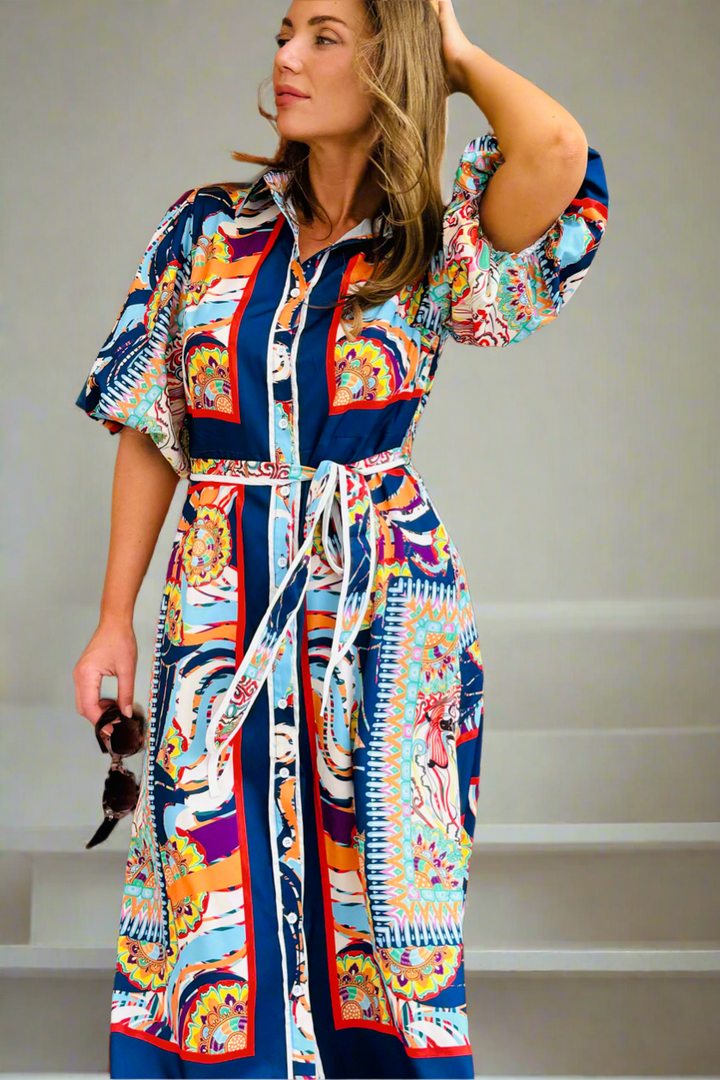 Jasmine Shirt Style Maxi Dress in Multicolour Print