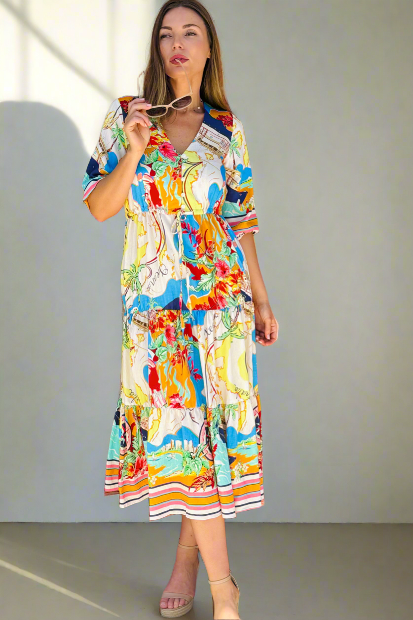 Sorrento Multi Print Drawstring Midi Dress