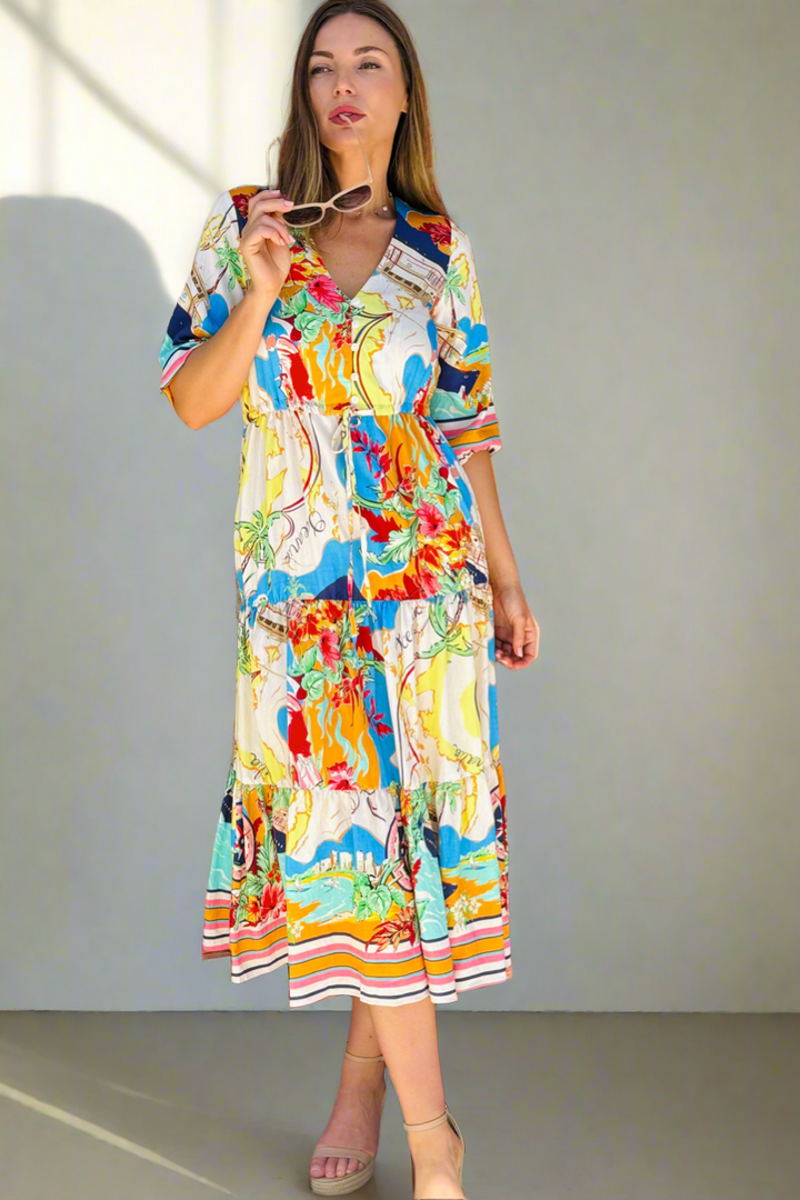 Sorrento Multi Print Drawstring Midi Dress