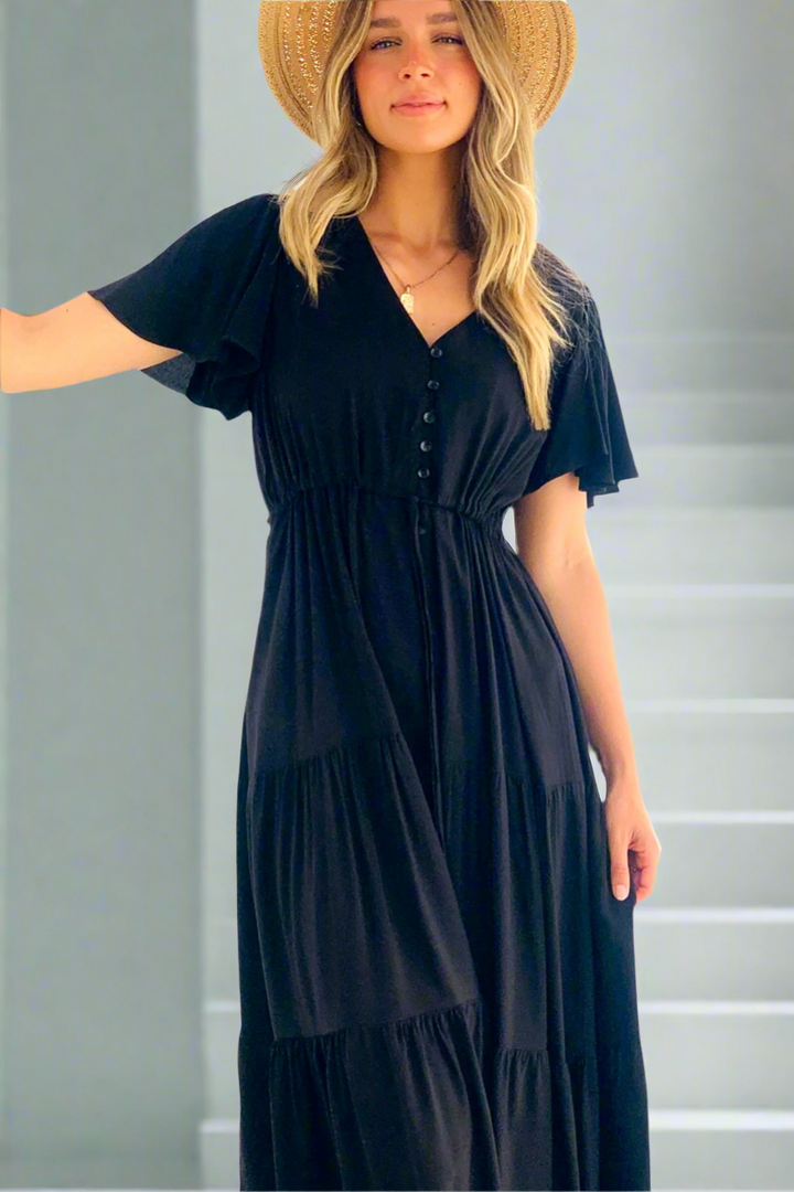 Santorini Short Sleeve Midi Dress in Black
