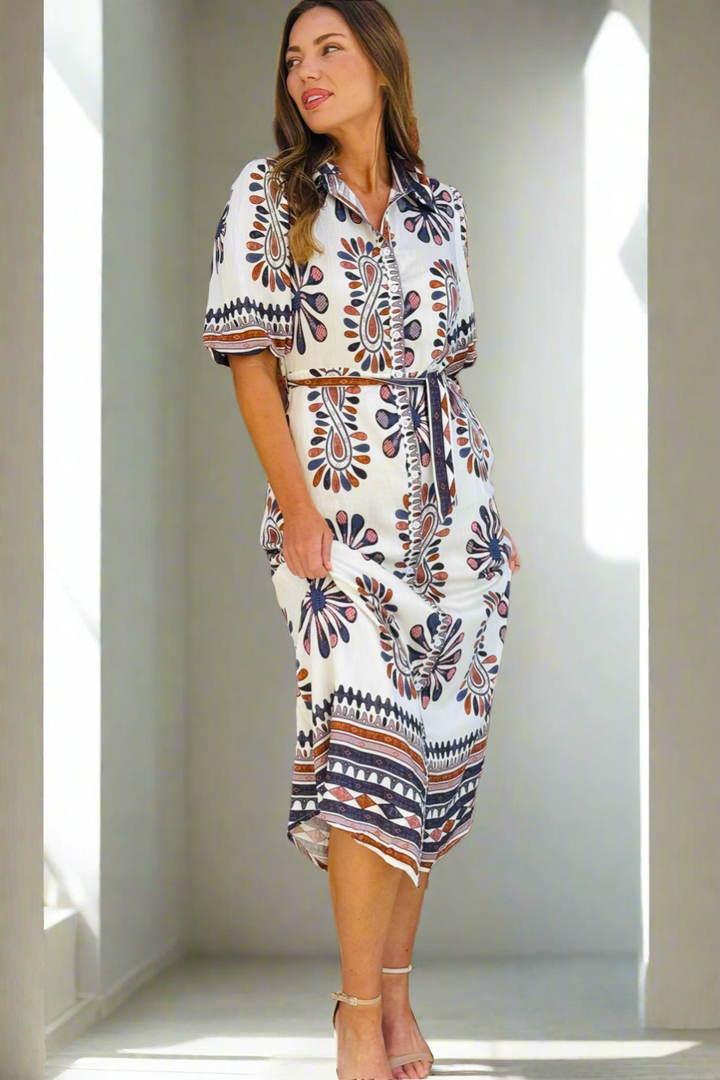 Campbell Midi Shirt Dress in Off White and Dark Navy Print