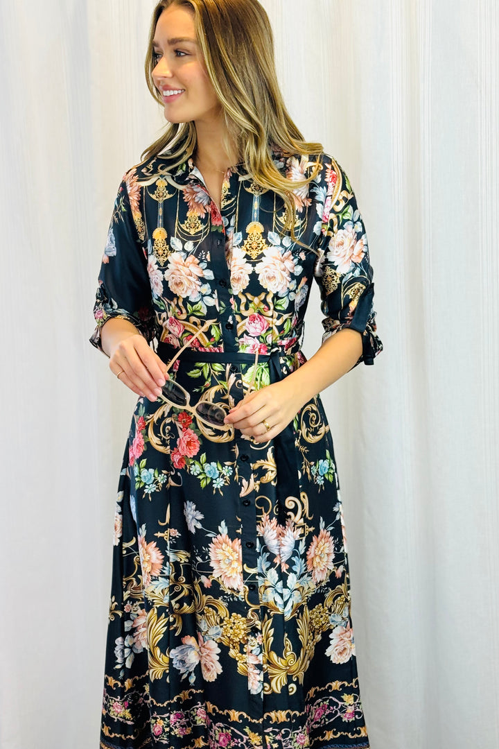 Mileaka Dress in Black With Floral Multi Print.