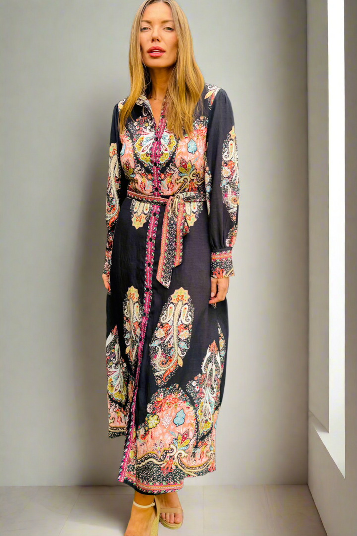New Arrival -Gidget Black Embroidered Print Dress in Long Sleeve