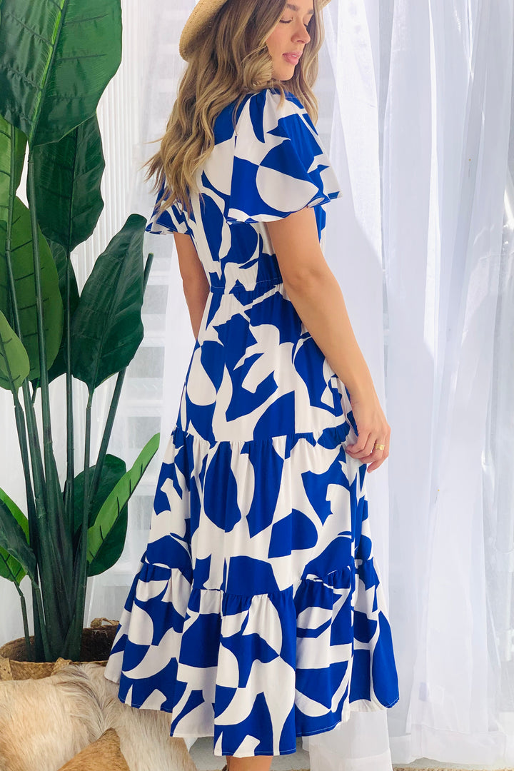Santorini Midi Dress in Blue and White Print
