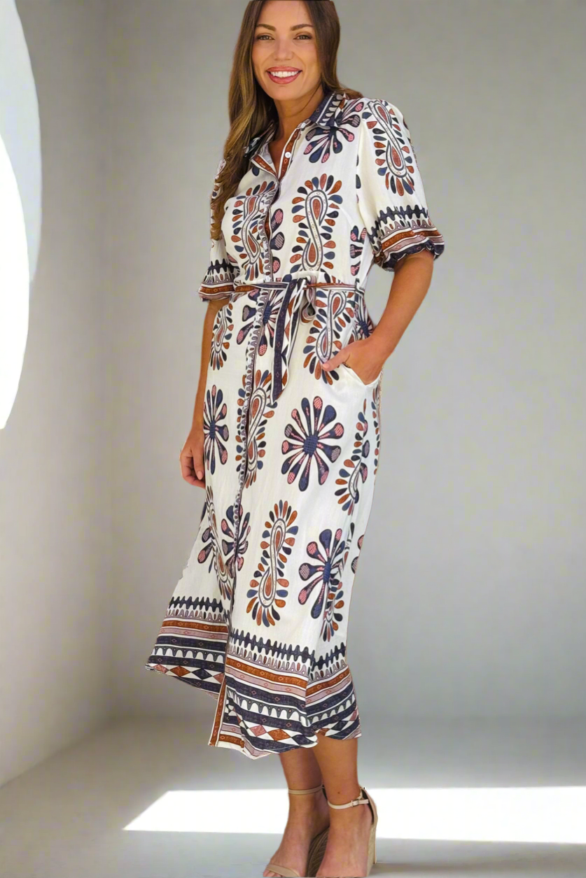 Campbell Midi Shirt Dress in Off White and Dark Navy Print