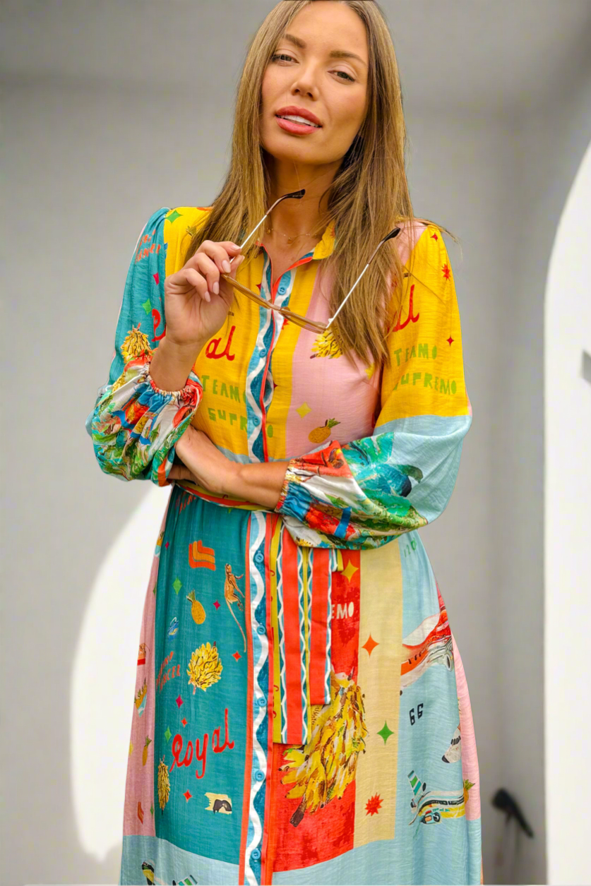 Marcella 3/4 sleeve in Multi Colour Print Dress